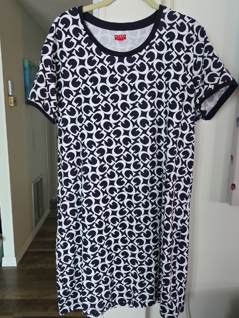 GUESS Navy & White Logo Print Tee Dress Size L/XL